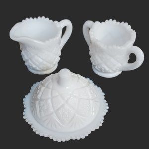 Westmoreland Thumbelina Milk Glass Child's Butter Dish Creamer Sugar Bowl Mint
